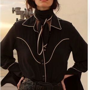 Johanna Ortiz Black Blouse with Cream Piping